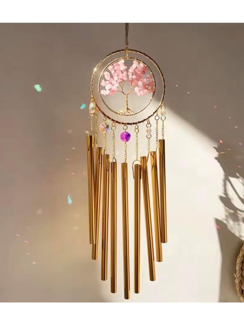 Rose Quartz Tree of Life Wind Chime & Suncatcher - Healing Gemstone Rainbow